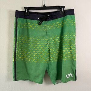 RVCA Mens Board Shorts Size 34 Green Yellow Geometric 4-Way Stretch Swim Trunks